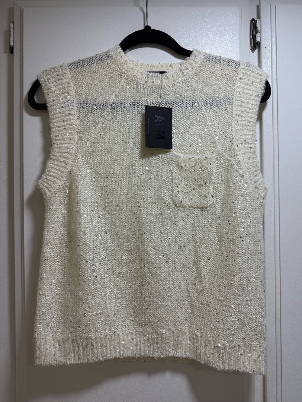 ATM Anthony Thomas Melillo Ivory Sequin Knit Sleeveless Sweater Vest